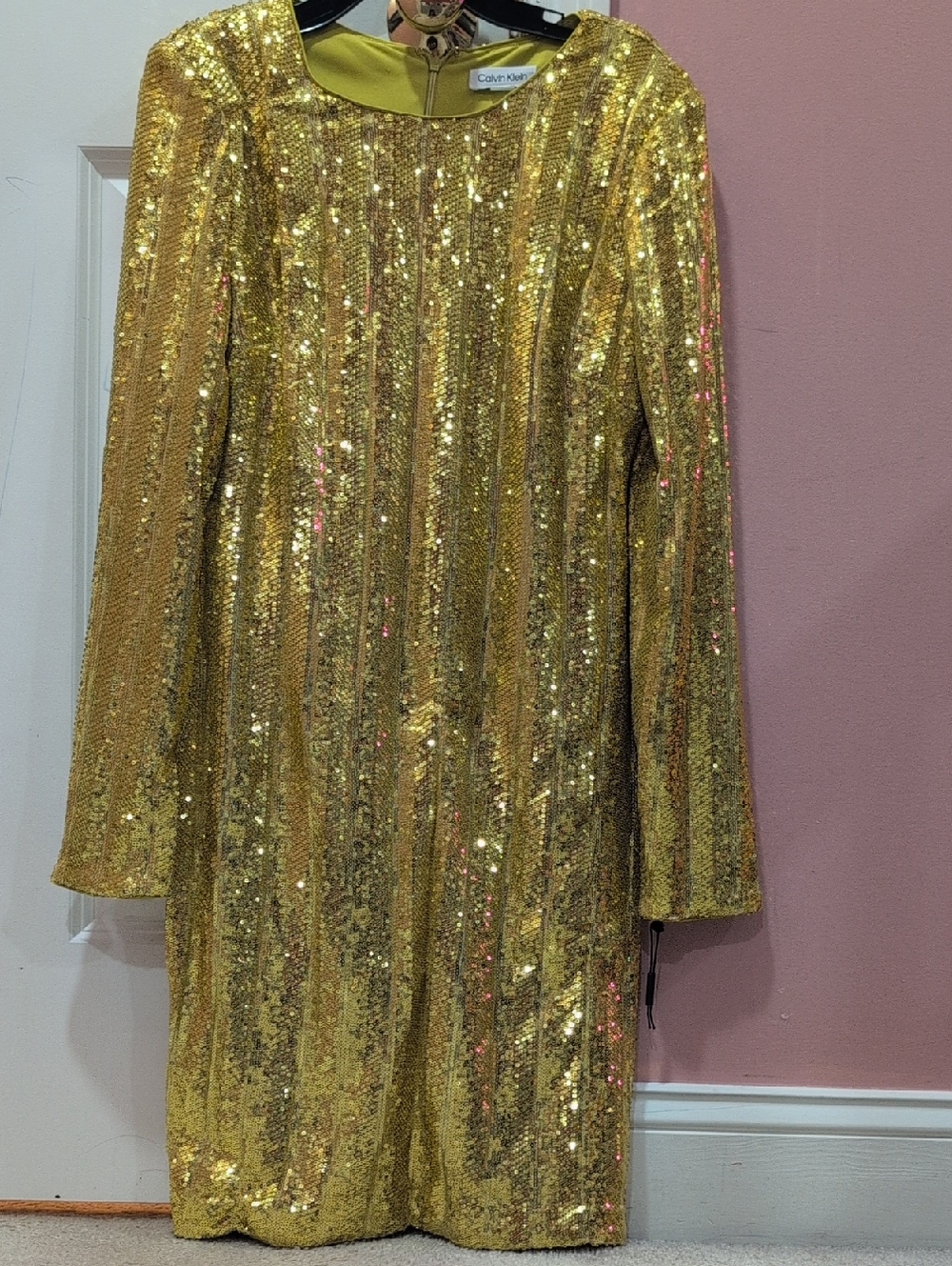 Calvin Klein Metallic Gold Sequin Long Sleeve Shift